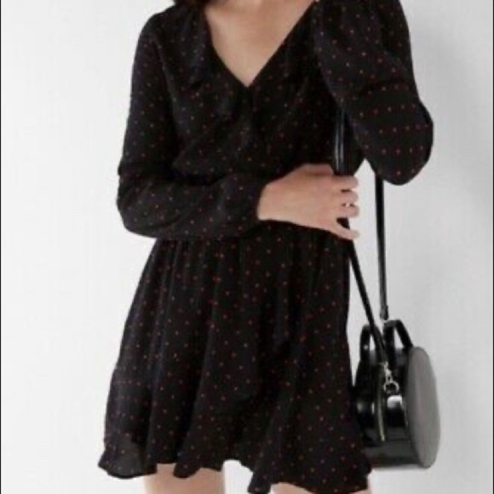 Express black and red polkadot ruffle V-neck dress